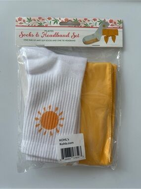 Pilates Yoga Socks & Tie Headband Set White Yellow Sun Non Slip Grip NWT
